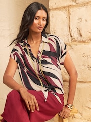 Love & Roses Multi Abstract Petite Tie Front Roll Sleeve Shirt - Image 1 of 4