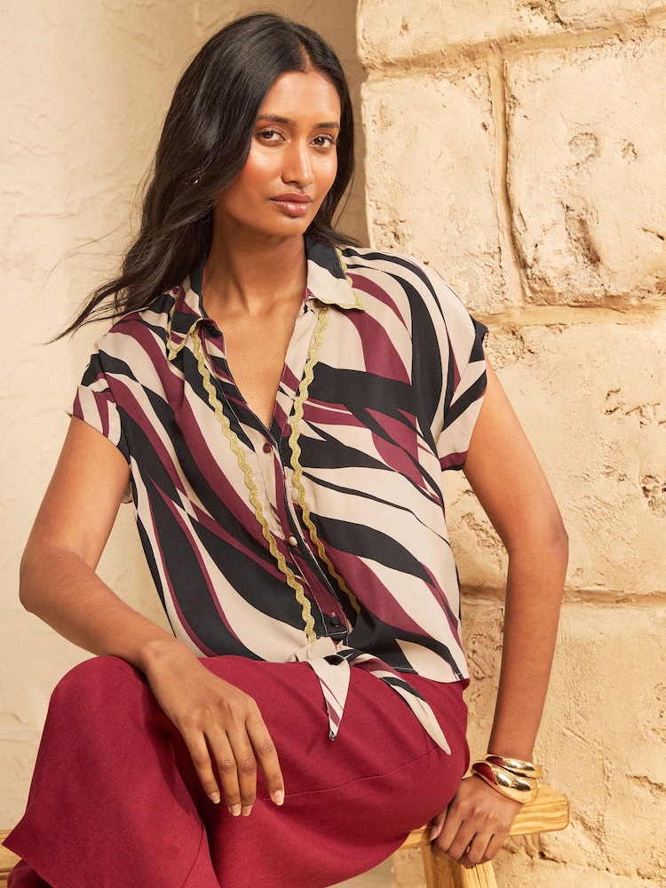 Love & Roses Multi Abstract Petite Tie Front Roll Sleeve Shirt - Image 1 of 4