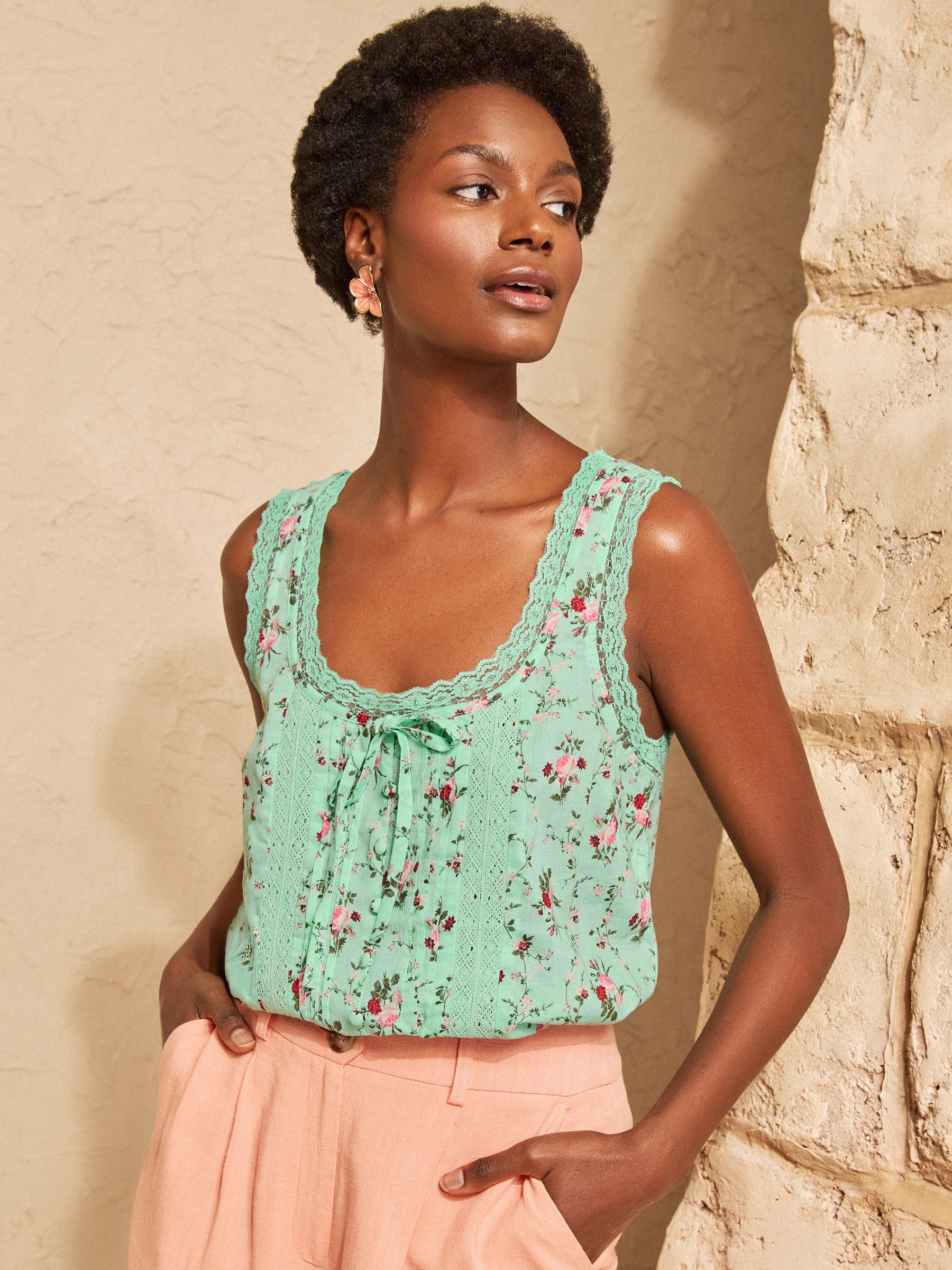Buy Love & Roses Mint Green Floral Print Lace Trim Top from Next