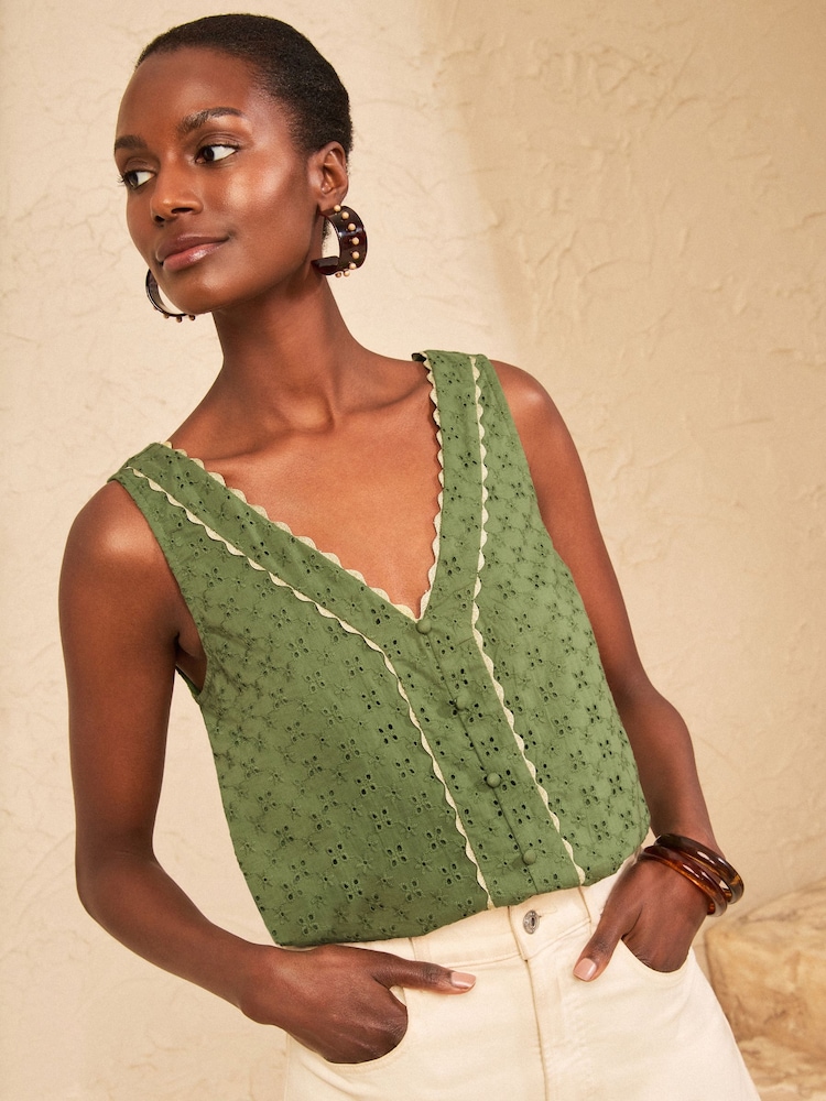 Love & Roses Khaki Green Petite Broderie Trim Vest - Image 1 of 5 Love & Roses Khaki Green Petite Broderie Trim Vest - Image 1 of 5
