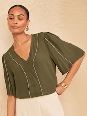 Love & Roses Khaki Green Beaded Trim V-Neck Blouse - Image 4 of 4
