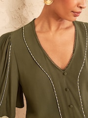 Love & Roses Khaki Green Petite Beaded Trim V-Neck Blouse - Image 2 of 4