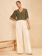 Love & Roses Khaki Green Petite Beaded Trim V-Neck Blouse - Image 3 of 4