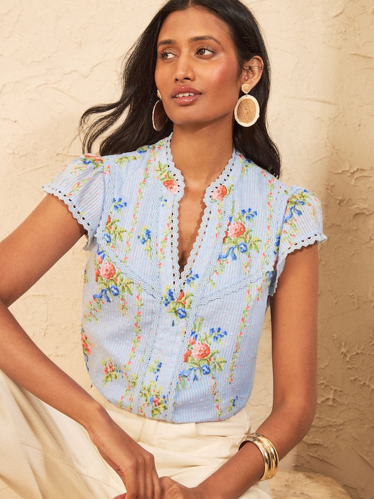 Love & Roses Pale Blue Floral Print  Lace Trim Shell Top - Image 1 of 5