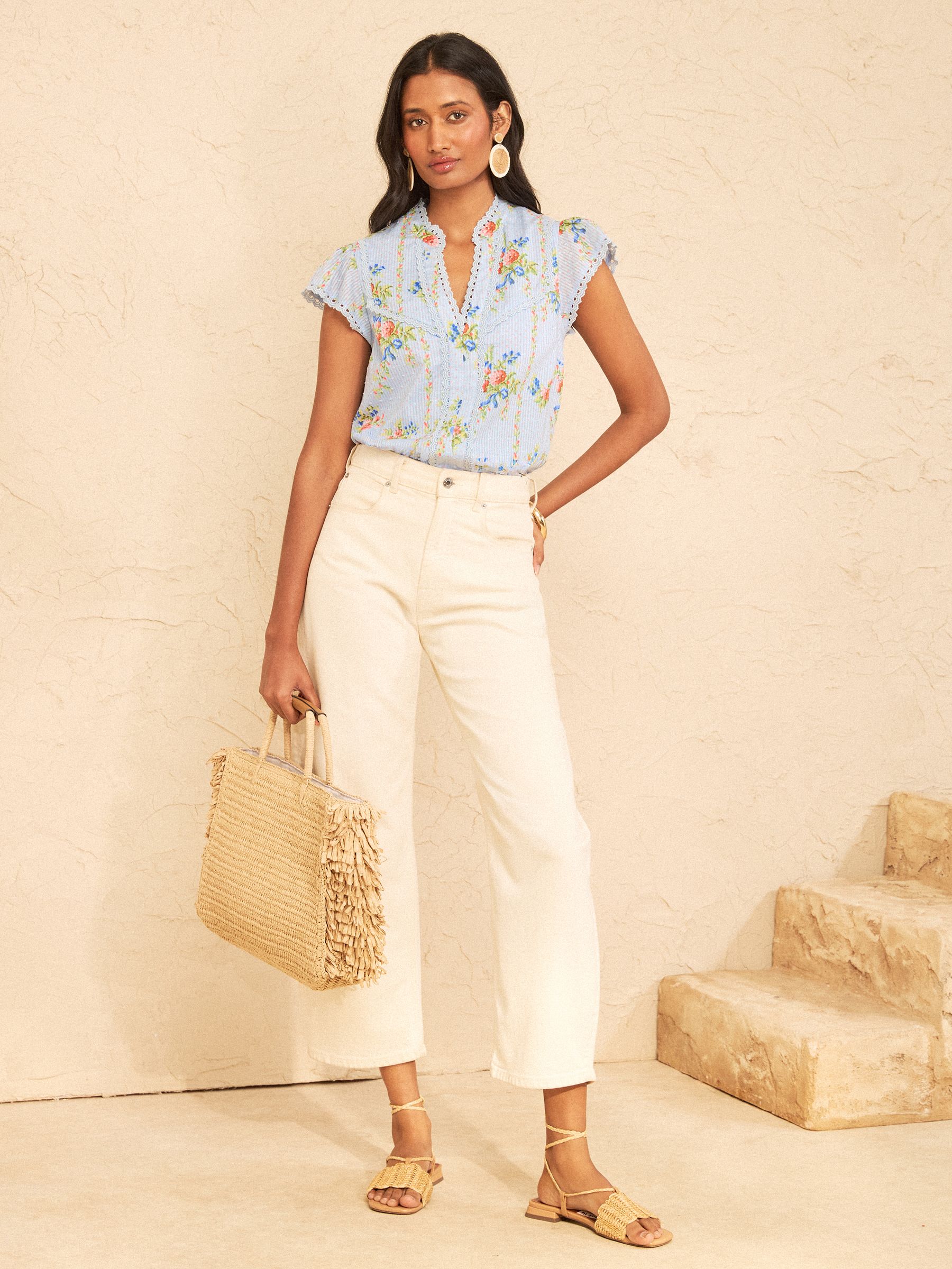 Buy Love & Roses Pale Blue Floral Lace Trim Flutter Sleeve Blouse