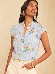 Love & Roses Pale Blue Floral Print  Lace Trim Shell Top - Image 4 of 5