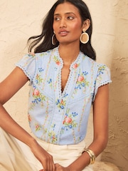 Love & Roses Pale Blue Petite Floral Print  Lace Trim Shell Top - Image 1 of 5