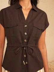 Love & Roses Chocolate Brown Roll Sleeve Tie Waist Linen Blend Shirt - Image 2 of 4