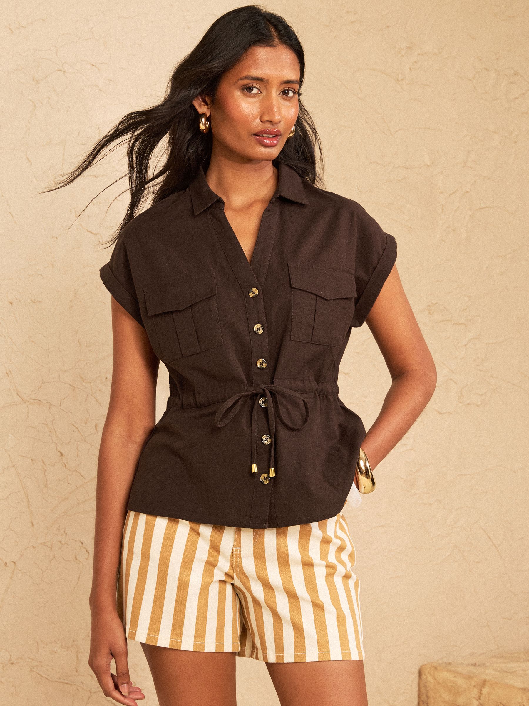 Buy Love & Roses Chocolate Brown Roll Sleeve Tie Waist Linen Blend