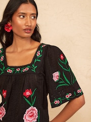 Love & Roses Black Floral Embroidered Square Neck Blouse - Image 2 of 4