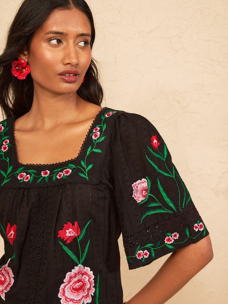 Love & Roses Black Floral Embroidered Square Neck Blouse - Image 2 of 4
