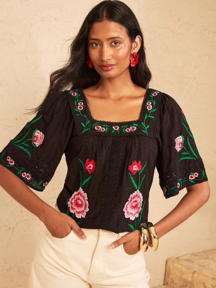 Love & Roses Black Floral Embroidered Square Neck Blouse - Image 4 of 4
