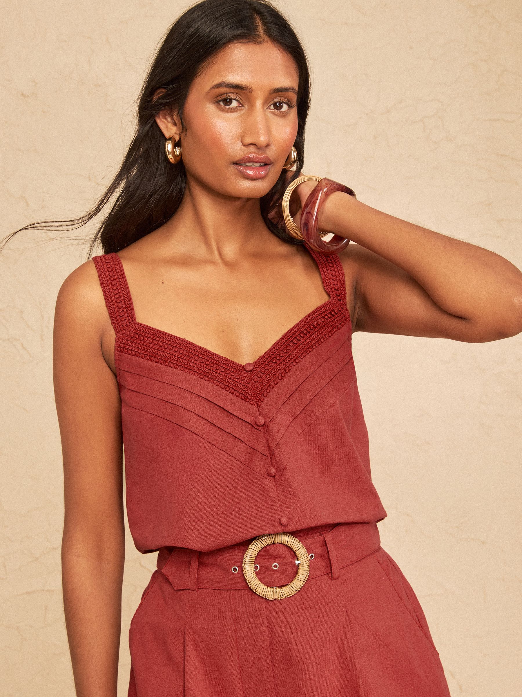 Buy Love & Roses Rust Brown Lace Trim Linen Blend V-Neck Cami from