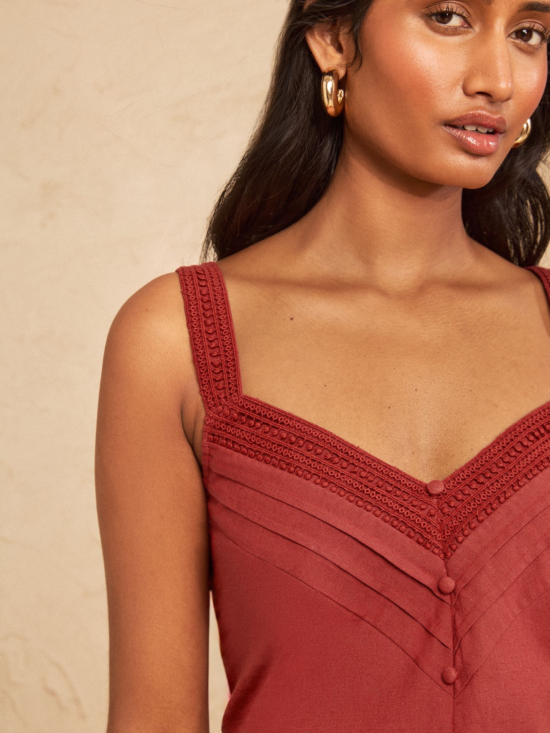 Buy Love & Roses Rust Brown Lace Trim Linen Blend V-Neck Cami from