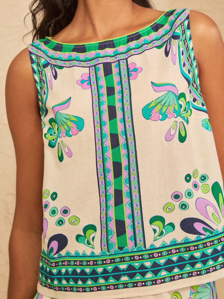 Love & Roses Ivory Tropical Print Linen Blend Shell Top - Image 2 of 5