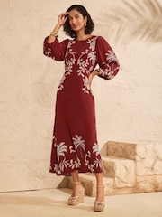 Love & Roses Rust Brown Woodblock Balloon Sleeve Midi Dress - Image 3 of 5