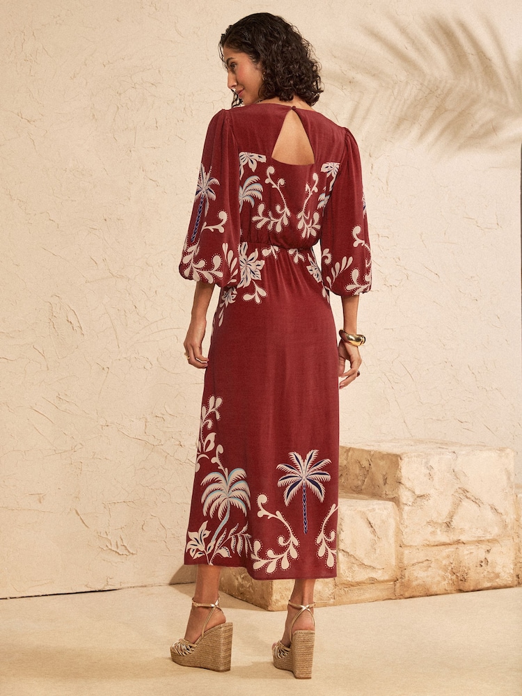 Love & Roses Rust Brown Woodblock Balloon Sleeve Midi Dress - Image 5 of 5 Love & Roses Rust Brown Woodblock Balloon Sleeve Midi Dress - Image 5 of 5