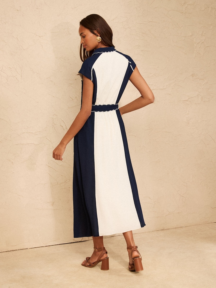 Love & Roses Navy Colourblock Scallop Tie Waist Midi Dress - Image 2 of 4 Love & Roses Navy Colourblock Scallop Tie Waist Midi Dress - Image 2 of 4