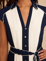 Love & Roses Navy Colourblock Scallop Tie Waist Midi Dress - Image 3 of 4
