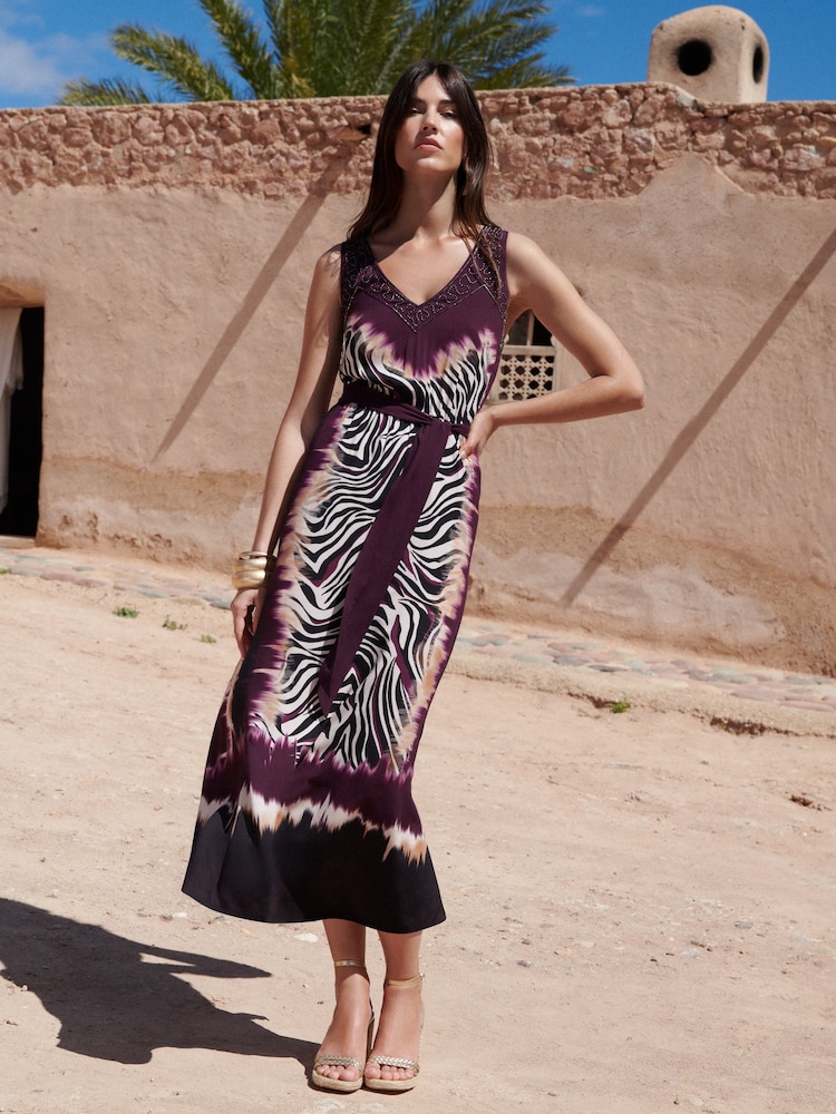 Love & Roses Purple Zebra Print Beaded Strappy V-Neck Midi Dress - Image 1 of 5