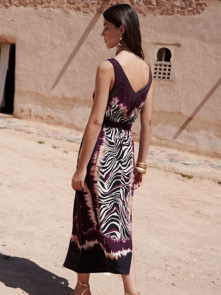 Love & Roses Purple Zebra Print Beaded Strappy V-Neck Midi Dress - Image 2 of 5