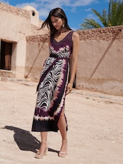 Love & Roses Purple Zebra Print Beaded Strappy V-Neck Midi Dress - Image 3 of 5