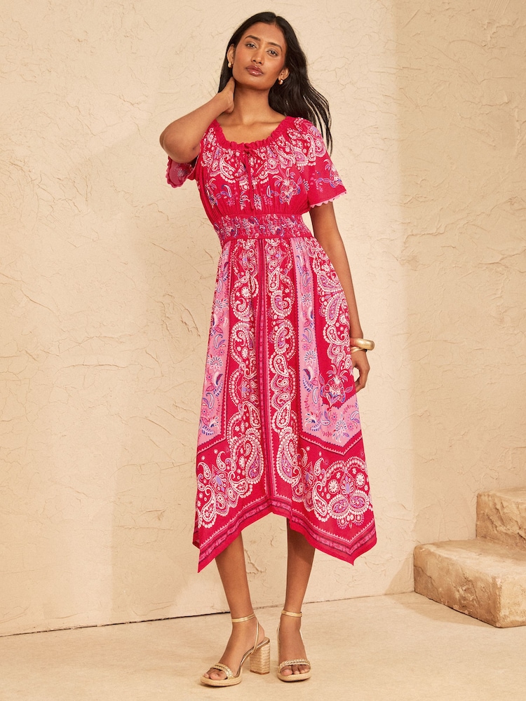 pink paisley midi dress Womens Love & Roses Pink Paisley Hanky Hem Tie Neck Midi Dress US 14