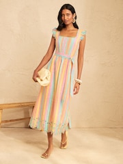 Love & Roses Multi Stripe Frill Embroidered Midi Dress - Image 1 of 4