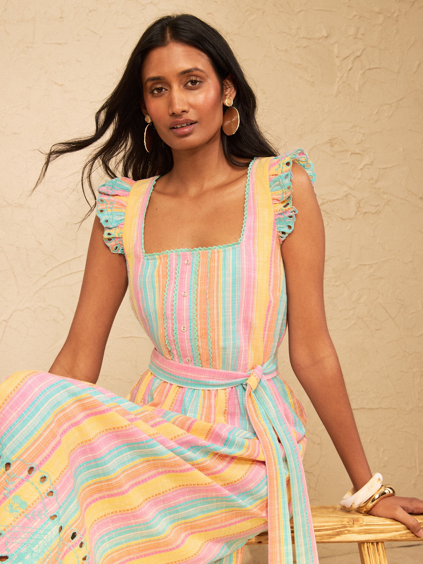 Buy Love & Roses Multi Stripe Frill Embroidered Midi Dress from