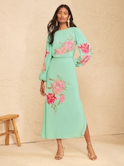 Love & Roses Aqua Blue Floral Embroidered Long Sleeve Midi Dress - Image 1 of 5