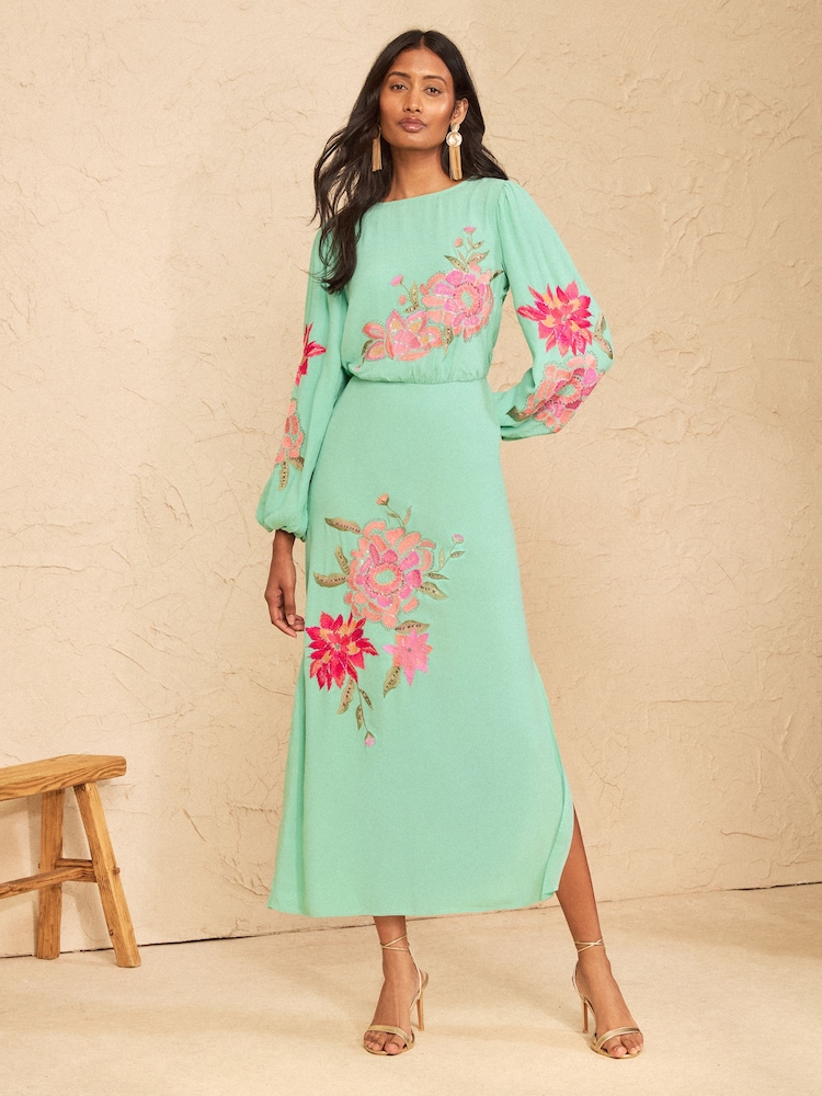 Love & Roses Aqua Blue Floral Embroidered Long Sleeve Midi Dress - Image 1 of 5 Love & Roses Aqua Blue Floral Embroidered Long Sleeve Midi Dress - Image 1 of 5