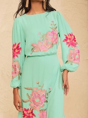 Love & Roses Aqua Blue Floral Embroidered Long Sleeve Midi Dress - Image 2 of 5