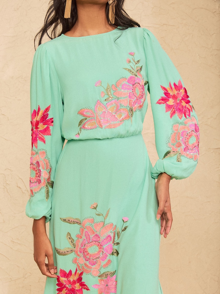 Love & Roses Aqua Blue Floral Embroidered Long Sleeve Midi Dress - Image 2 of 5 Love & Roses Aqua Blue Floral Embroidered Long Sleeve Midi Dress - Image 2 of 5