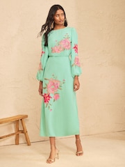 Love & Roses Aqua Blue Floral Embroidered Long Sleeve Midi Dress - Image 3 of 5