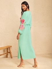 Love & Roses Aqua Blue Floral Embroidered Long Sleeve Midi Dress - Image 4 of 5