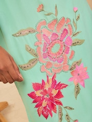 Love & Roses Aqua Blue Floral Embroidered Long Sleeve Midi Dress - Image 5 of 5