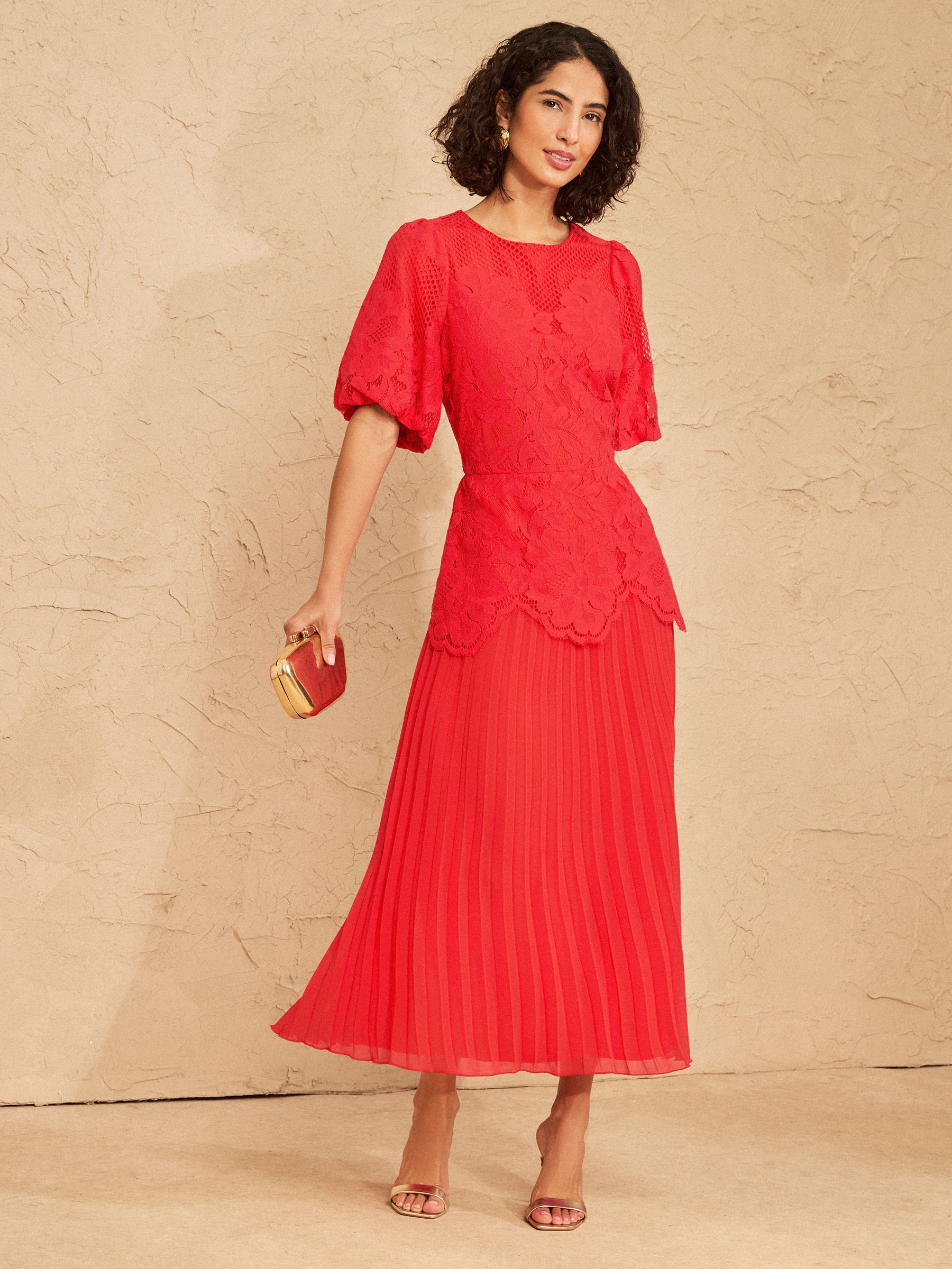 Buy Love & Roses Red Lace Drop Waist Puff Sleeve Midi Dress from