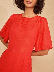 Love & Roses Orange Lace Drop Waist Puff Sleeve Midi Dress - Image 2 of 5