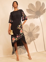 Love & Roses X RHS Black Floral Embroidered Fringe Midi Dress - Image 1 of 5