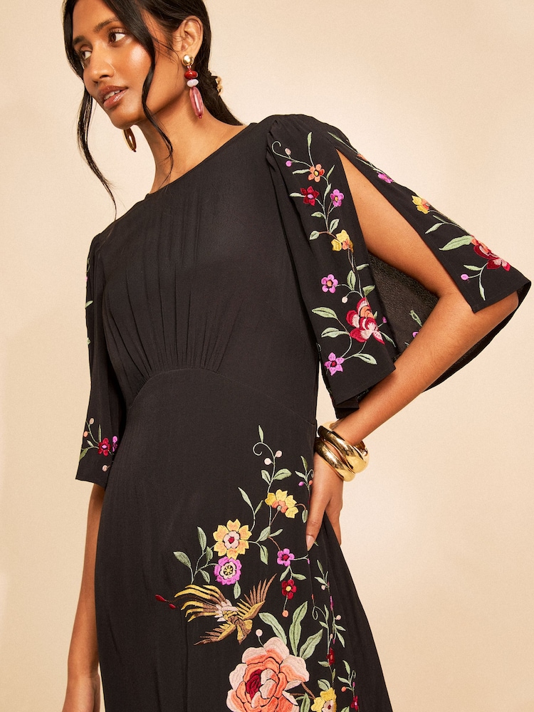 Love & Roses X RHS Black Floral Embroidered Fringe Midi Dress - Image 2 of 5 Love & Roses X RHS Black Floral Embroidered Fringe Midi Dress - Image 2 of 5