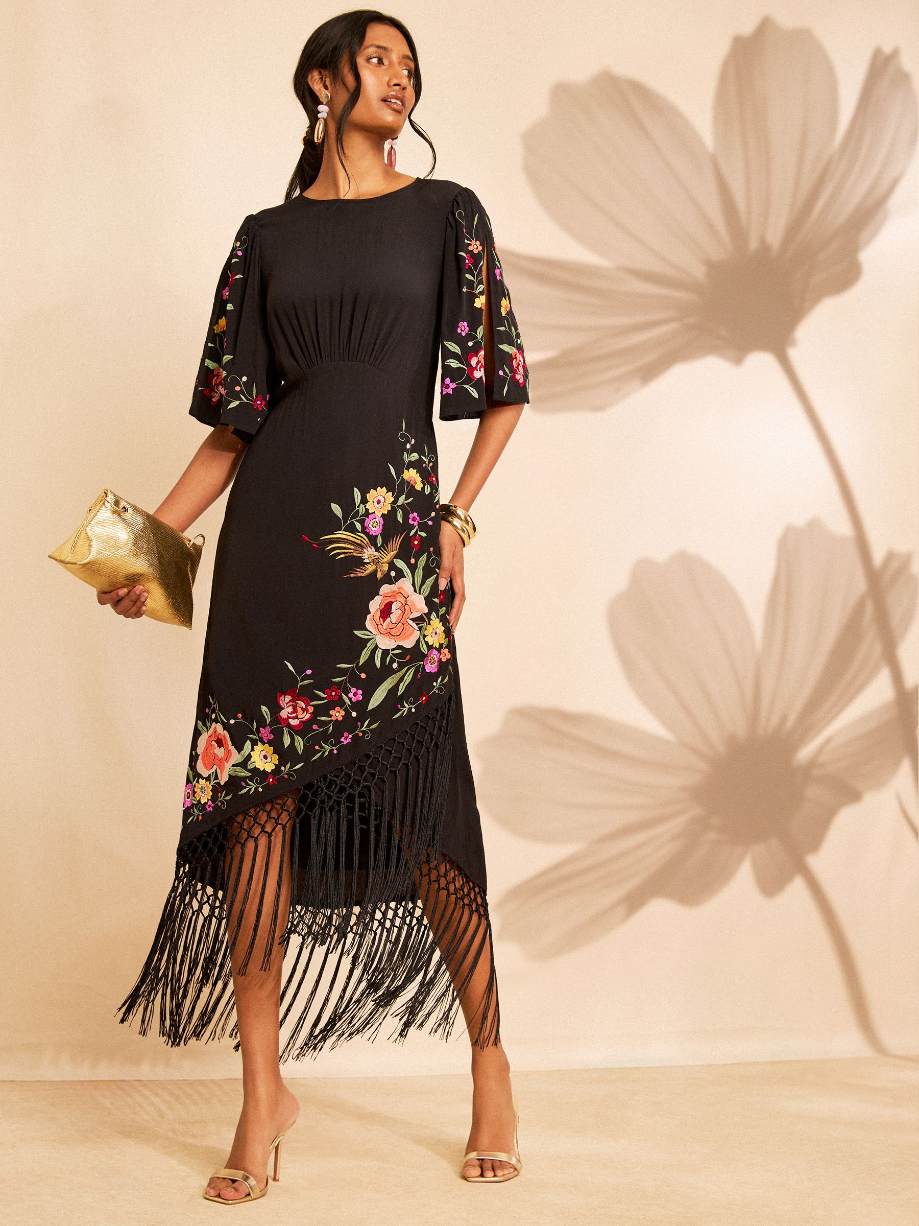 Buy Love & Roses X RHS Black Floral Embroidered Fringe Midi Dress Buy Love & Roses X RHS Black Floral Embroidered Fringe Midi Dress