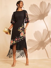 Love & Roses X RHS Black Floral Embroidered Fringe Midi Dress - Image 3 of 5