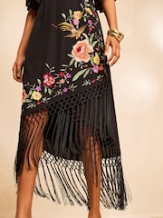 Love & Roses X RHS Black Floral Embroidered Fringe Midi Dress - Image 4 of 5