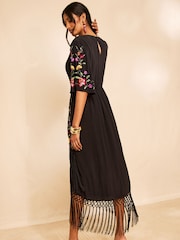 Love & Roses X RHS Black Floral Embroidered Fringe Midi Dress - Image 5 of 5