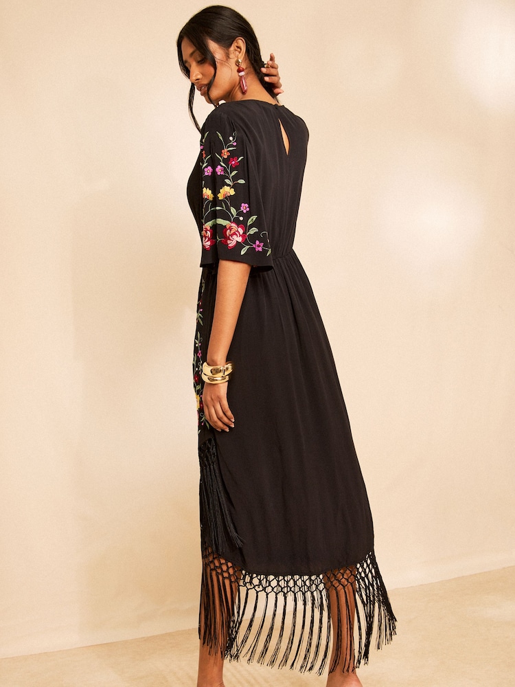 Love & Roses X RHS Black Floral Embroidered Fringe Midi Dress - Image 5 of 5 Love & Roses X RHS Black Floral Embroidered Fringe Midi Dress - Image 5 of 5