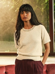FatFace Ivory Embellished Collar Knit Top - Image 1 of 7