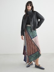 Brown/Blue Scarf Print N. Premium Satin Asymmetric Maxi Skirt - Image 1 of 7