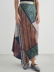 Brown/Blue Scarf Print N. Premium Satin Asymmetric Maxi Skirt - Image 2 of 7