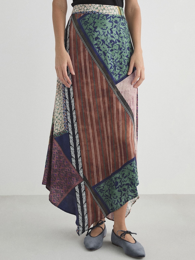 Brown/Blue Scarf Print N. Premium Satin Asymmetric Maxi Skirt - Image 2 of 7 Brown/Blue Scarf Print N. Premium Satin Asymmetric Maxi Skirt - Image 2 of 7