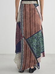 Brown/Blue Scarf Print N. Premium Satin Asymmetric Maxi Skirt - Image 3 of 7
